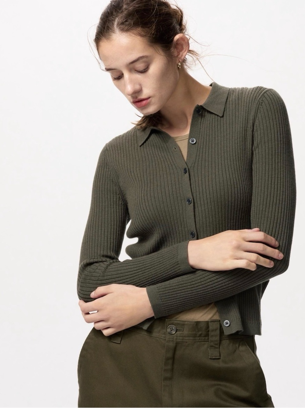 Uniqlo Olive Ribbed Button-Down Polo Cardigan